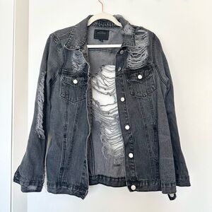 Miss London Black Label Distressed Black Denim Jacket Size Medium